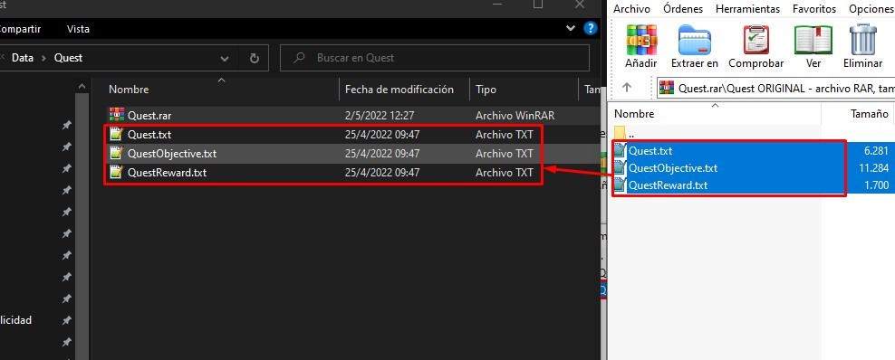 Reemplazar archivos Quest